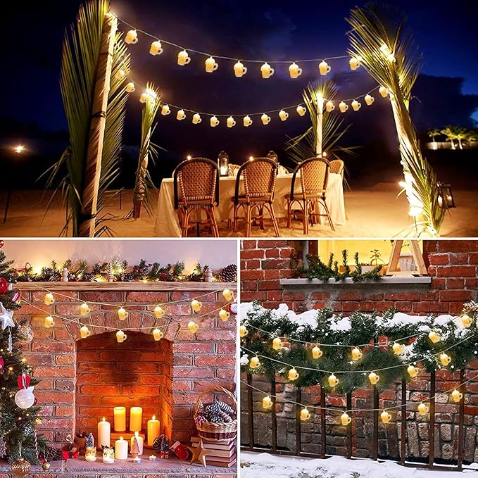 Beer Mug String Lights, 8.5Ft Tropical Beach Theme Outdoor Decorations Beer String Lights with 10 3D Beer Cup Lights, Plug in Beer Fairy Summer Patio Lights for Tropical Party Bar Bedroom Decor