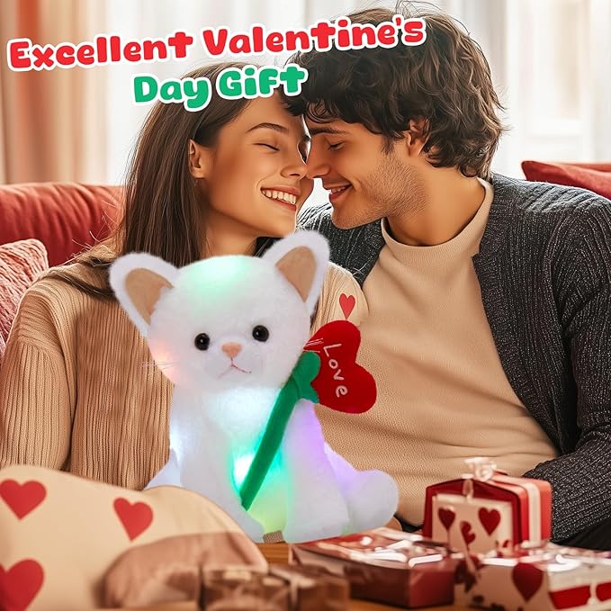 Houwsbaby 12" Valentine’s Day Light Up Cat Plush Toy, Glowing in Dark Kitty Stuffed Animal with Red Heart Flower Design, Romantic Gift for Valentine’s Day, Birthday, or Anniversary