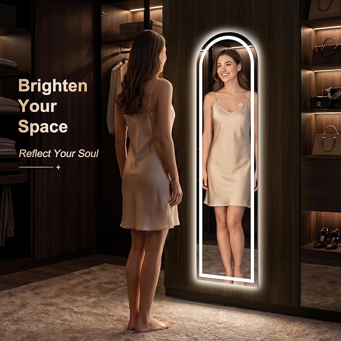 LED Arched Full Length Mirror, 56"x16" Full Body Mirror with Lights, Dimmable & 3 Color Lighting, Standing/Leaning/Wall Mounted Vanity Mirror for Bedroom, Dressing Room, Living Room