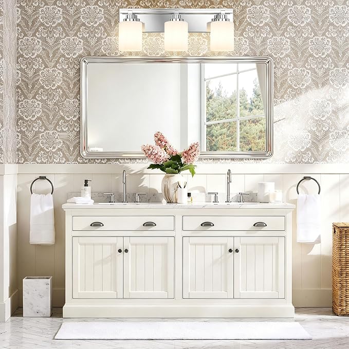 Modern Bathroom Lighting Fixtures Over Mirror, Vanity Lights for Bathroom, Wall Sconces with Milky White Glass Shades, E26 Ceramic Socket, 3-Light 19.7-inch Chrome