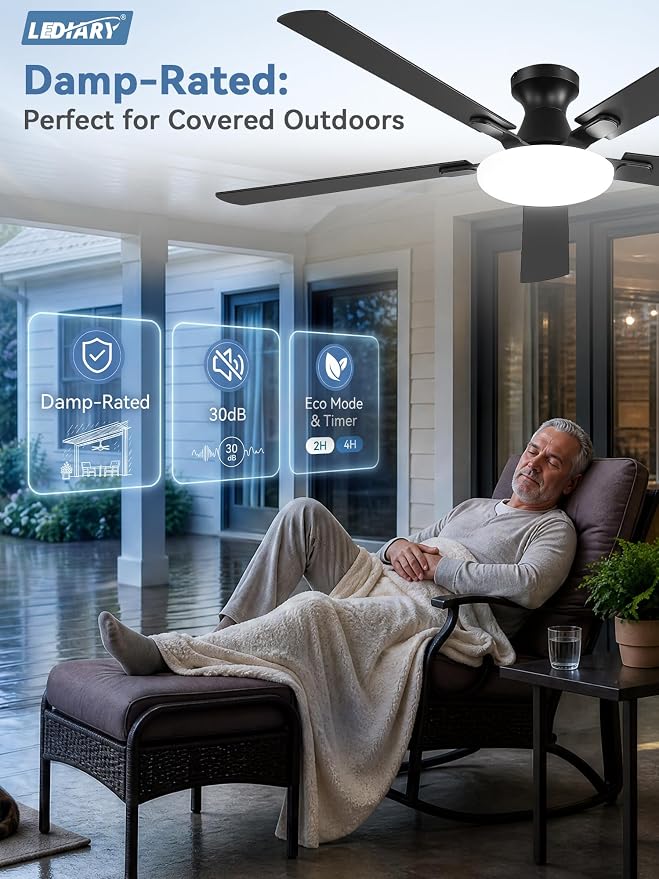 LEDIARY 60 Inch Flush Mount Ceiling Fans with Lights, Remote & APP Control | 3CCT,Stepless Dimmable,Memory Function,Timer,6-speed,Reversible Blade, Quiet DC Motor, Damp-Rated, Living Room, Covered Patio