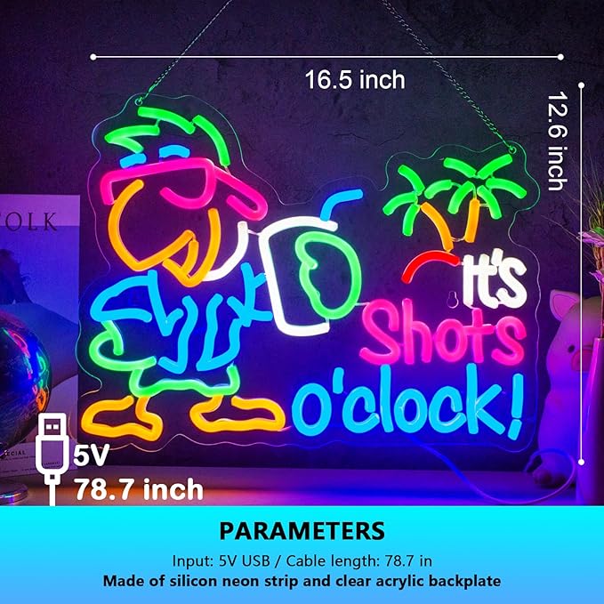 Parrot It's Shots O'clock Neon Sign It's 5 O'clock Neon Sign for Wall Decor Parrot Drinking USB Dimmable LED Neon Lights for Beer Bar Kitchen Restaurant Home Pub Party Man Cave Club Shops Hotel Store Business Gift