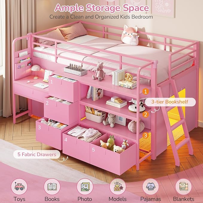 Low Loft Bed Twin Size with Desk, 6 Storage Drawers & Bookshelf, Kids Loft Bed with LED Lights & Under-Bed Play Space, Heavy Duty Metal Bed Frame with 13.8"H Safety Guardrail & Ladder, Pink