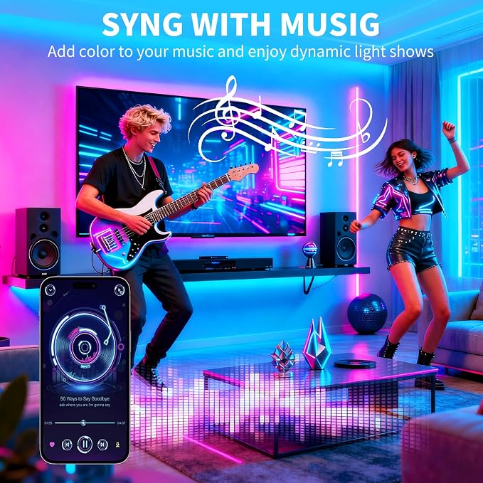 LED Strip Lights,RGB Music Sync Color Changing Led Lights with Smart App Control Remote & Remote Control,LED Lights for Bedroom,Room Essentials,Sense of Atmosphere Decorations(32FT-1Roll)