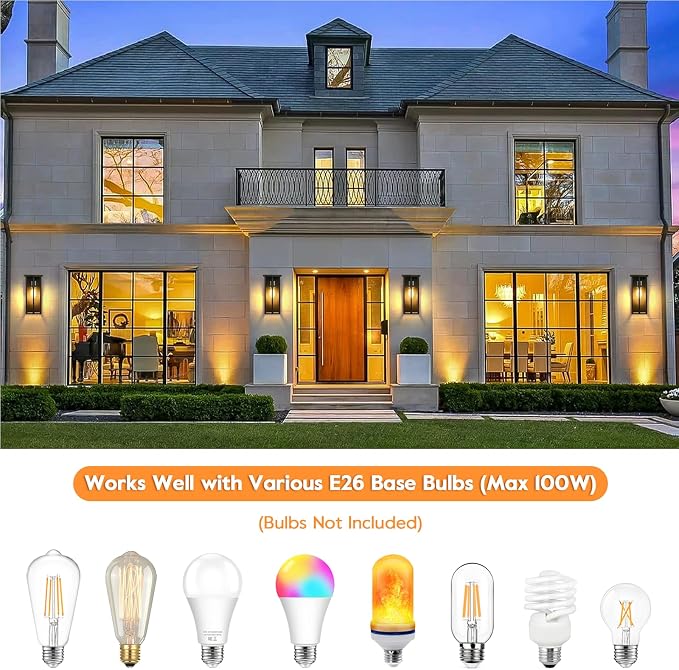 Outdoor Wall Light Fixtures, Modern Black Porch Wall Lanterns | Waterproof Construction & Durable Metal, Rust-Resistant, Quick & Easy Installation, Clear Glass Shades & Standard E26 Socket