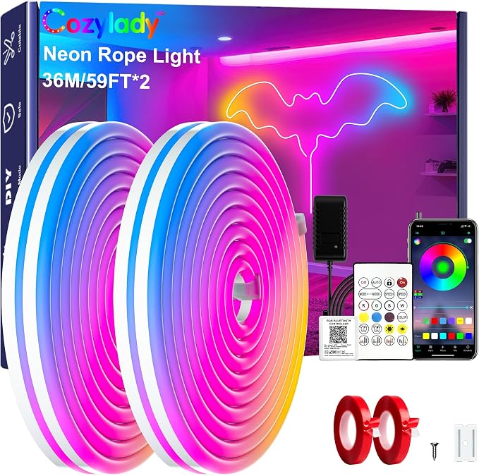 Cozylady RGB Neon Light LED Rope Light,Waterproof Bluetooth APP Remote Control Music Sync Strip Light,24V Flexible DIY Silicone Light for Bedroom Home Indoor Outdoor Decoration (120ft-36M)