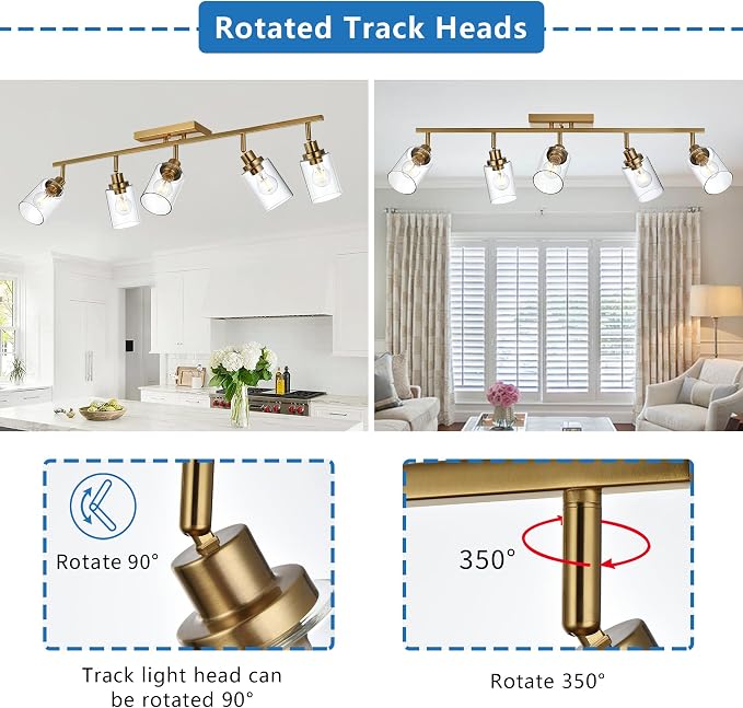 MELUCEE 5-Light Track Lighting Kit Brass with 5 Rotatable Light Heads | Semi Flush Mount Ceiling Light Fixture 37 Inch Modern Accent Lighting for Foyer Art Wall Kitchen, Clear Glass Shade
