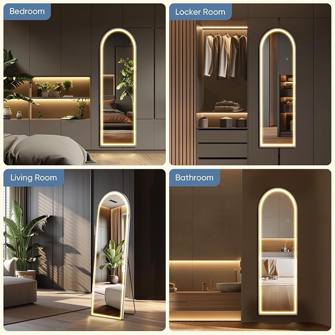 DUMOS Arched LED Mirror Full Length Standing, 16"x60" Full Body Wall Mirror | LED Lights 3 Color Lighting and Shatterproof Tempered Glass, Wall Hanging or Leaning, Floor Standing, Modern Home Decor