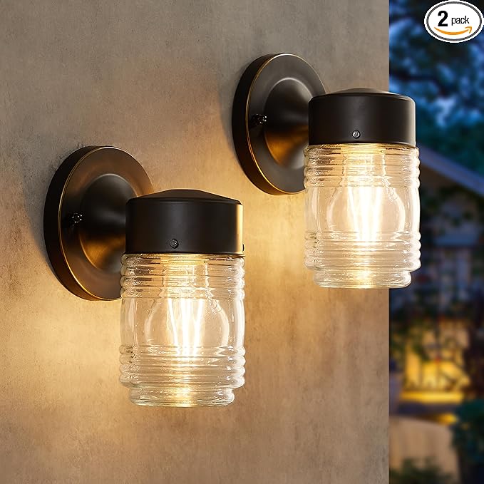 2 Pack Outdoor Wall Lantern, Exterior Waterproof Wall Sconce Light Fixtures, Black Front Door Lighting with Clear Glass Shade, Anti-Rust E26 Socket Porch Lights for Entryway