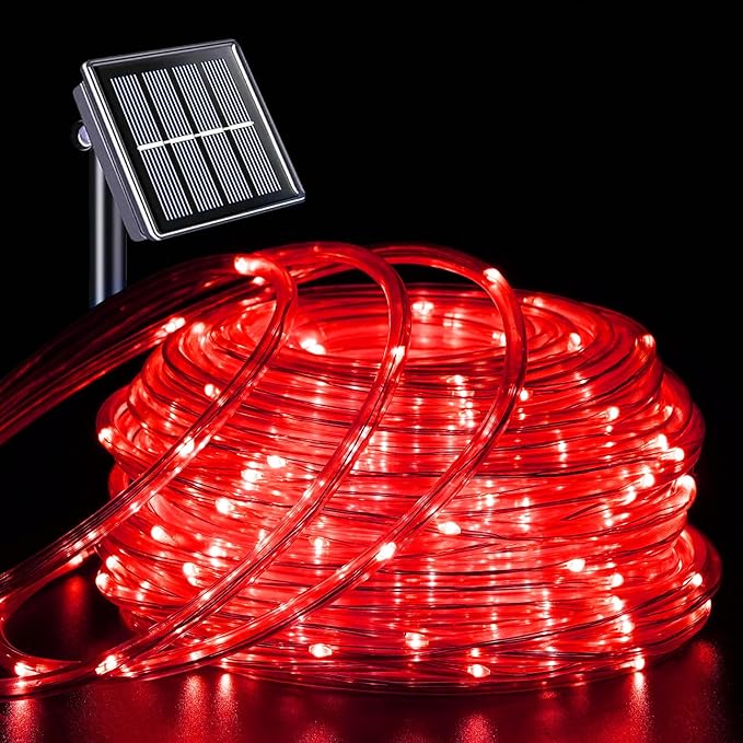 YEGUO Solar Rope Light Outdoor Waterproof, 66ft 200 LED Red String Lights, 8 Modes Tube Christmas Lights in Clear Thin Tube