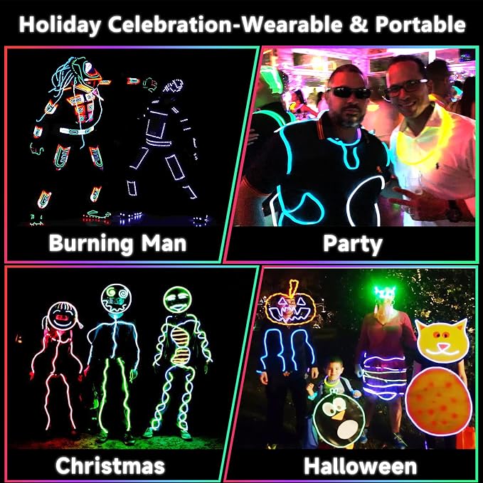 EL Wire-5 in 1 Meter Portable Neon Rope Lights Strip-Wearable Battery Pack Body Lights-360°Illumination-Super Bright-Cuttable-DIY Halloween Christmas Festival Party Game Room Cosplay Costume(White)
