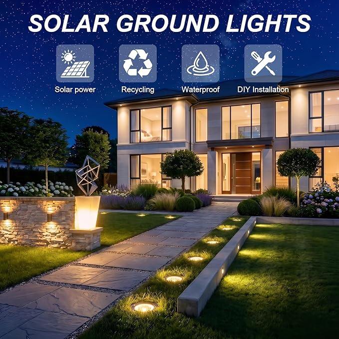 OULONGER 4.6inch Solar Ground Lights 10Packs, Garden Solar Outdoor Waterproof Pathway Bright In-Ground Landscape Lights for Patio, Lawn, Yard, Driveway, Step and Walkway(Warm Light)