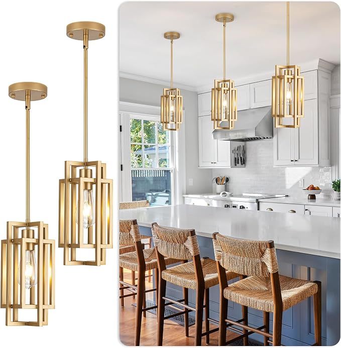Modern Pendant Light Fixtures 2 Pack 1 Light, Gold Finish Cage Farmhouse Pendant Lights with Max 59'' Adjustable, Small Square Pendant Ceiling Hanging Light for Kitchen Island Dining Room Entryway