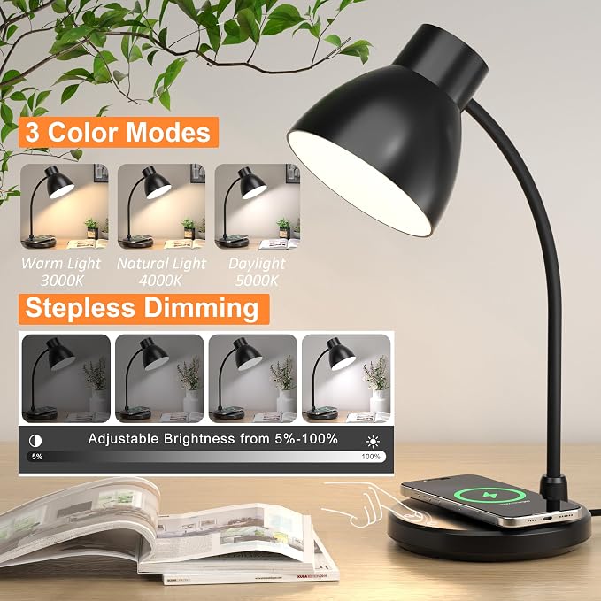 LED Desk Lamp for Home Office with Wireless Charger, Matte Black | 3 Color Modes Dimmable Eye-Caring Study Reading Dorm Desk Lamp, 360° Flexible Arm Table Lamp for College Dorm Room, 800 Lumen