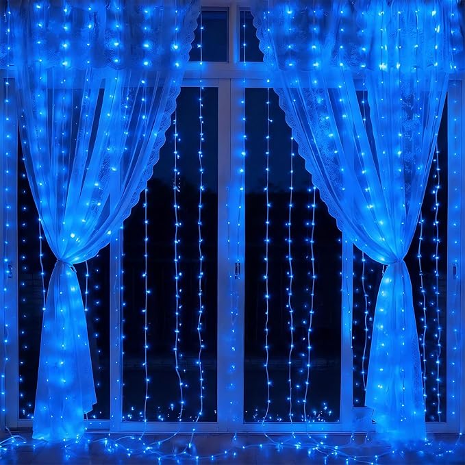 300LED Fairy Curtain Lights 9.8ft x 9.8ft LED Dimmable Twinkle Lights | with Remote and Timer USB Plug in 8 Modes String Lights for Bedroom Indoor Outdoor Party Christmas Decor, Blue