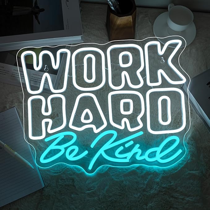 Work Hard Be Kind Neon Sign, Dimmable Neon Signs for Wall Decor, White Blue Neon Light Work Hard USB Led Sign for Office Study Room Classroom Bedroom Meeting Room Decoration