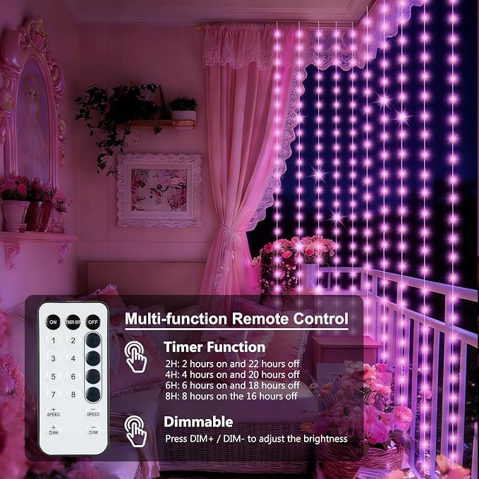 echosari Curtain Lights Battery Operated 9.8 x 9.8Ft with Timer Pink | 300 LED Fairy Lights with Hooks for Bedroom Wedding Backdrop Indoor Decor