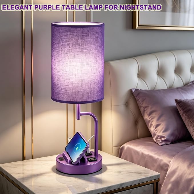 Dreamholder 2 Pack Table Lamp, Bedside Lamp with 3 USB Charging Ports & AC Outlet, USB Desk Lamp with 2 Phone Holders, Linen Fabric Shade Nightstand Lamps for Bedroom Living Room Office, Purple