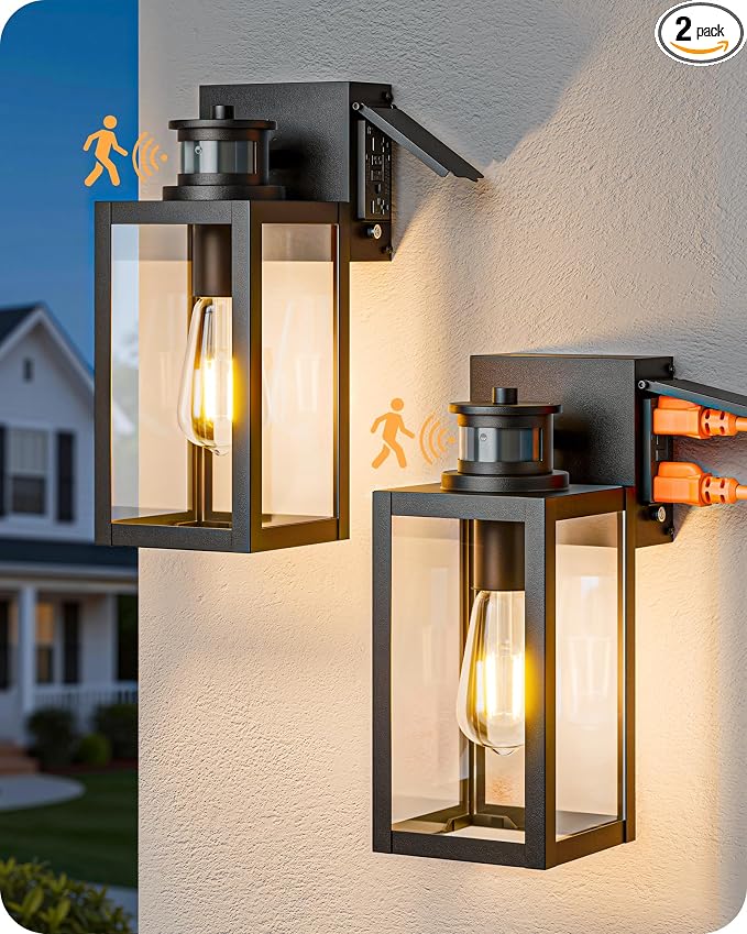 EDISHINE Porch Lights with Outlet, 12" H Motion Sensor & 3 Modes Modern Outdoor Wall Lights, Dusk to Dawn Exterior Lighting Fixtures Waterproof Outside Wall Sconce for Patio, Doorway, Garage, 2 Pack