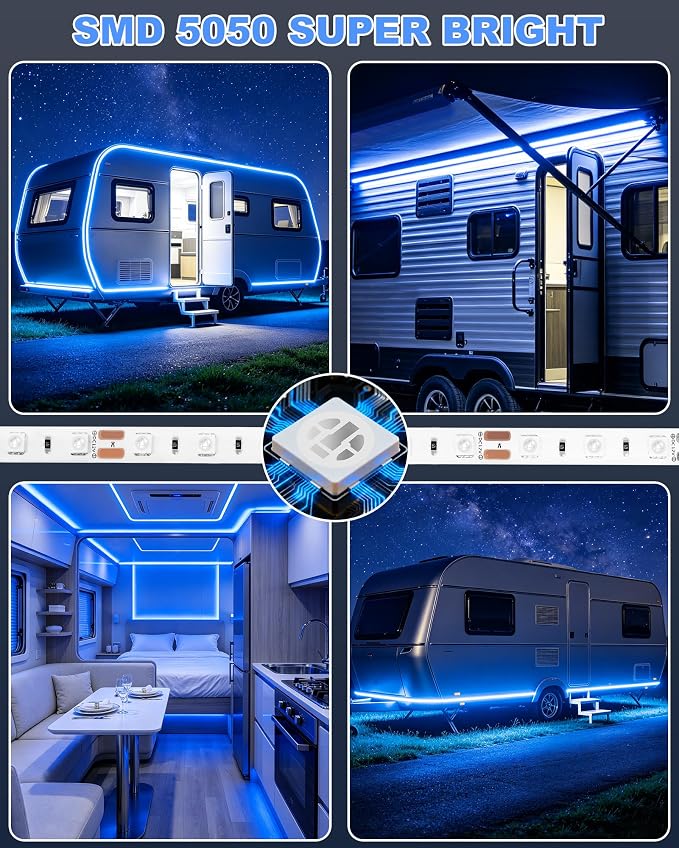 IP65 RV Awning LED Light Strip 12V 20FT for Exterior RV Capony Camper, Blue | Camper Strip Lights for Motorhome Travel Trailer Concession Stands Food Trucks, Waterproof RV Exterior Underglow