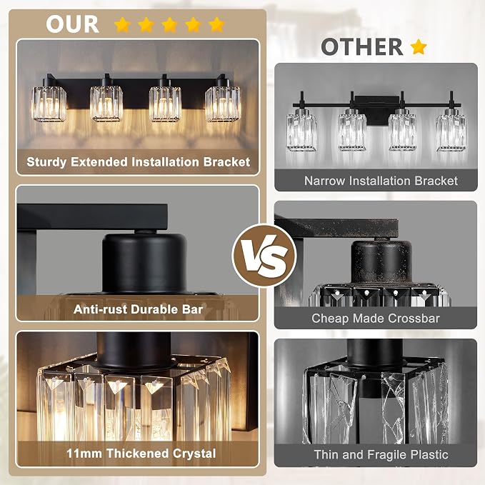Modern Bathroom Vanity Light, 4-Light K9 Crystal Bathroom Lighting Fixtures Over Mirror, Black Vanity Light with Square Shade