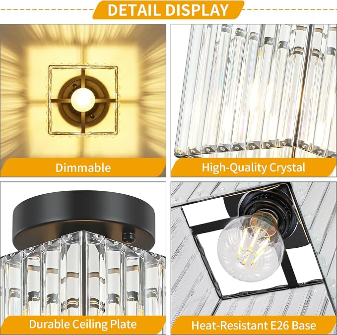 Modern Black Ceiling Light Fixture Crystal Hallway Entryway Light Fixtures | 2-Pack, 7.24 Inch, E26 Dimmable, Bathroom Bedroom Ceiling Light, Kitchen Dining Room Closet Close to Ceiling Light Fixtures