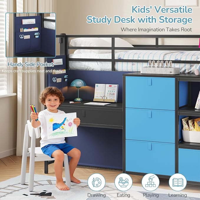Low Loft Bed Twin Size with Desk, 6 Storage Drawers & Bookshelf, Kids Loft Bed with LED Lights & Under-Bed Play Space, Heavy Duty Metal Bed Frame with 13.8"H Safety Guardrail & Ladder, Blue and Black