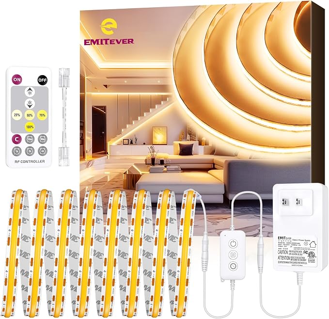 EMITEVER Warm White COB Strip Light Kit 2700K,16.4ft 2400LEDs,24V Dimmable | CRI 90+,305+LM/ft,ETL 48W power supply & remote included,UL listed Strip for living room,kitchen,under cabinet & shelving