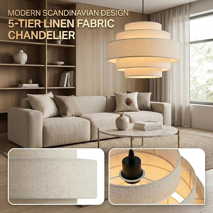 AUQUEE 5-Tier Farmhouse Chandelier, 13" Modern Drum Pendant Light Fixture with Linen Lampshade, Adjustable Height Hanging Ceiling Lighting for Bedroom/Nursery/Dining Room/Kitchen Island/Entryway,Beige