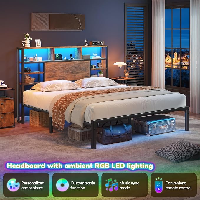 Homkdom Queen Bed Frame with Storage Headboard and Charging Station,Brown | LED Lights，12.2" Under-Bed Storage，Supports up to 1100 LBS，No Box Spring Needed，Noise-Free,Easy Assembly