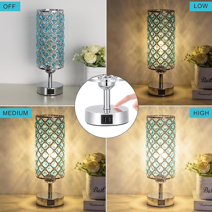 Hong-in Blue Crystal Table Lamp - 3-Way Dimmable Touch Control, Bedside Lamp with USB C and A Ports, Nightstand Light for Living Room, Bedroom, Home Office (Bulb Included)