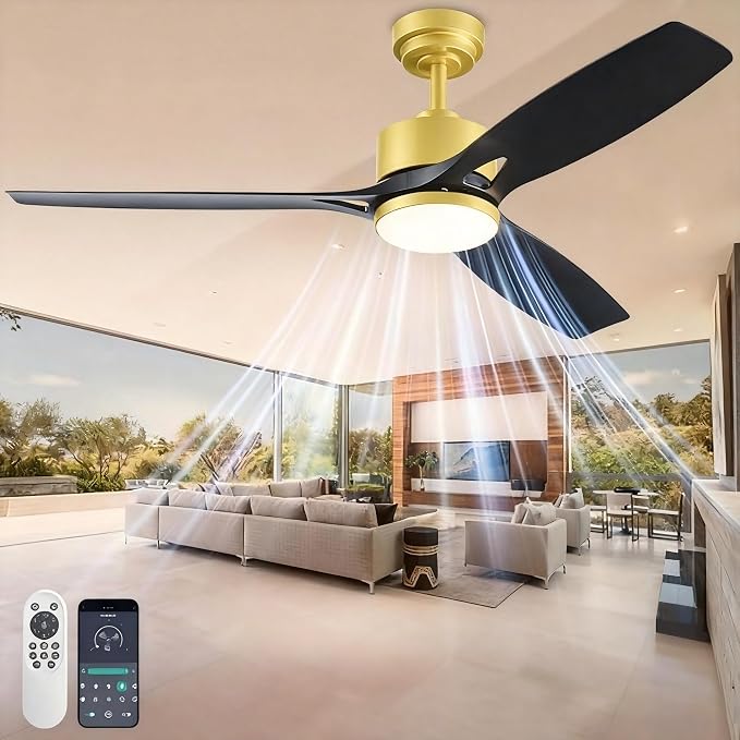 Ceiling Fans with Lights and Remote - 52 Inch Smart App Control Modern Low Profile Fandelier - Flush Mount for Living Room, Bedroom, Farmhouse - 35w Led Lighting Bulb - Quiet DC Motor - Black Gold