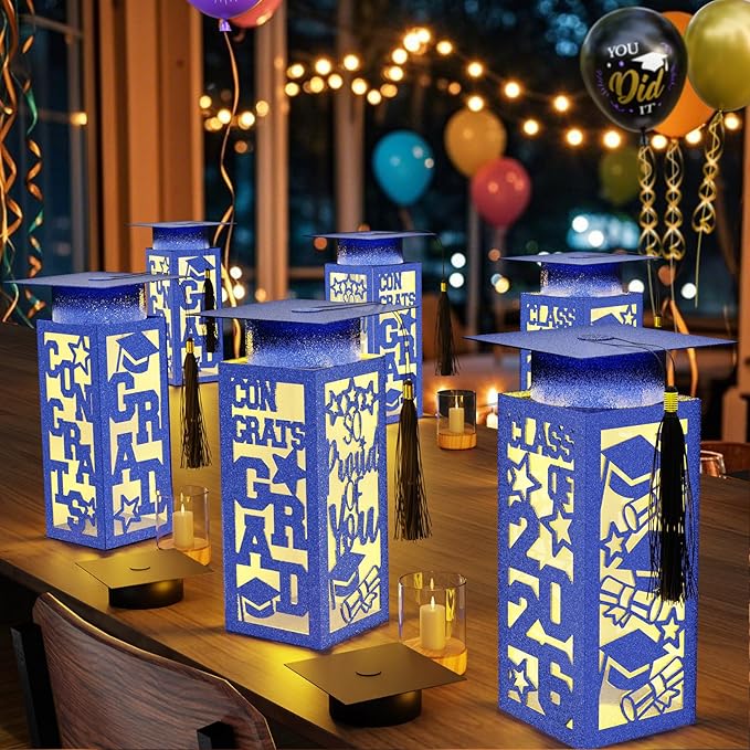 6 Pcs Graduation Table Centerpieces Boxes Class of 2026, Blue Graduation Paper Lanterns Boxes with String Lights Hollow Out for Congrats Grad School College Table Decorations Grad Party Photo Props
