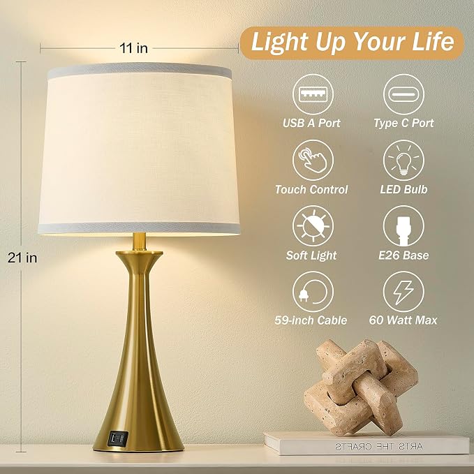 Touch Lamp for Living Room Bedroom, 21" Table Lamps Set of 2 with USB C+A Ports and White Lamp Shades, 3 Way Dimmable Gold Touch Bedside Lamps for Nightstand, 2 LED Bulbs Included