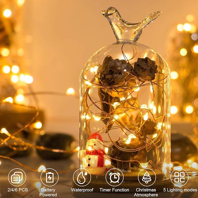 6 Pack Timer Fairy Lights Battery Operated Twinkle Lights with 5 Modes | 16.4Ft 50 LED Silver Copper Wire Battery Wreath Lights for Home Christmas Wedding Indoor Outdoor Decor, Warm White