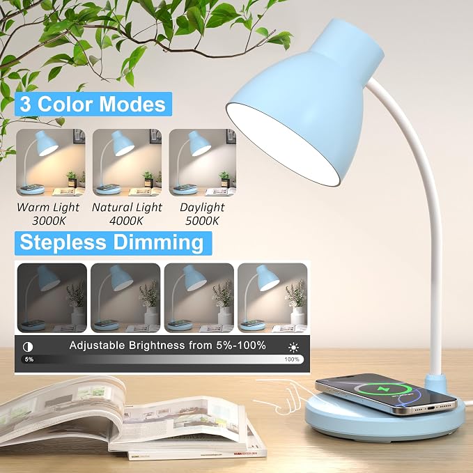 LED Desk Lamp for Home Office with Wireless Charger, Blue | 3 Color Modes Dimmable Eye-Caring Study Reading Dorm Desk Lamp, 360° Flexible Arm Table Lamp for College Dorm Room, 800 Lumen