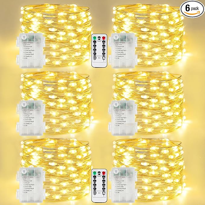 6 Pack Fairy Lights Battery Operated with Remote 120 LED 40 FT Warm White | Twinkle String Lights with 8 Modes Timer and IP44 Waterproof for Indoor Outdoor Christmas Tree Wreath Garland Mantel Decor