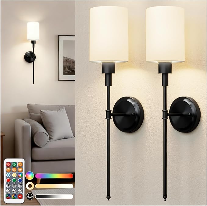 Battery Operated Wall Sconce: Set of 2 Wireless Wall Lights with 12000mAh | 15 Color Rechargeable Wall Sconces, Not Harwired Sconce Wall Decor Set of 2 for Bedroom, Living Room, Black 24.3in