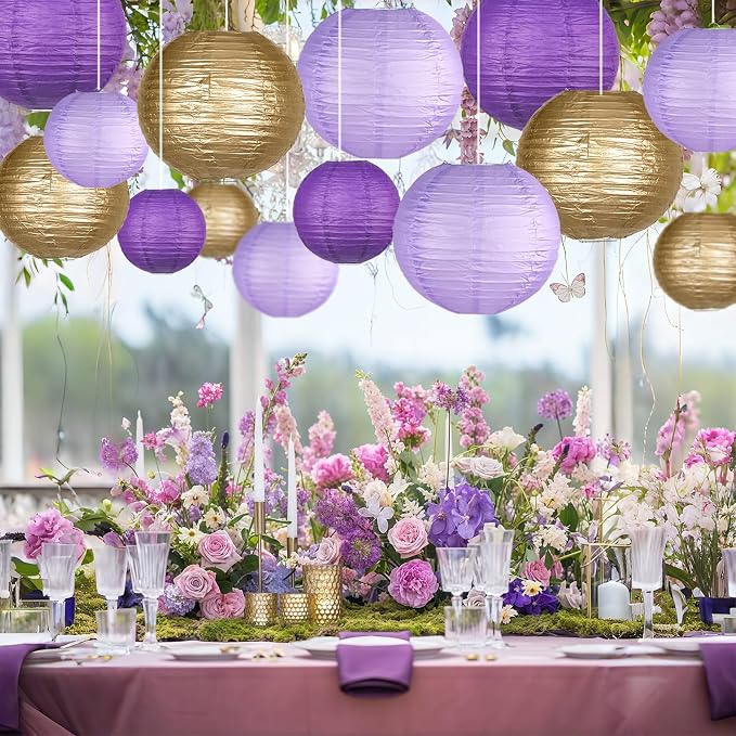 15-Pack Purple Gold Paper Lanterns, Rapunzel Birthday Decorations | 6, 8 & 10-Inch Round Hanging Set with Wire Frames for Baby Showers, Weddings, Graduations, Mermaid Themes & Ceiling Displays