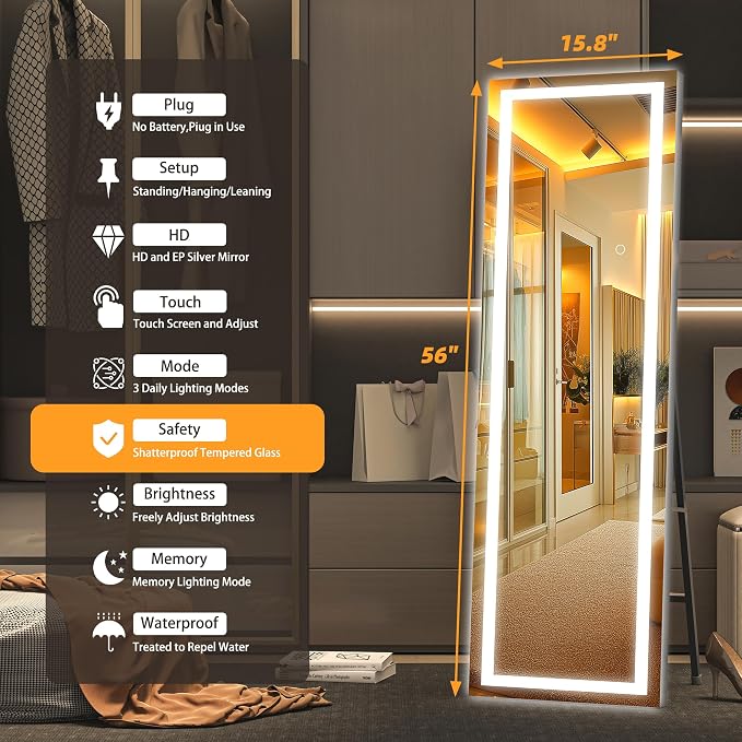 Hasipu Full Length Mirror with Lights, 56" x 15.8" LED Floor, Full Body Dressing Standing, Hanging Mounted Mirror, Square Black
