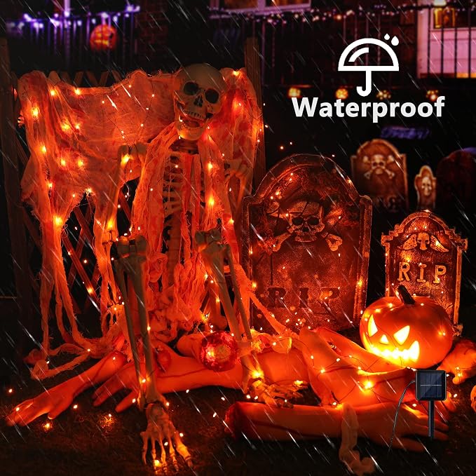 Brizled Solar Orange Fairy Lights, Outdoor Twinkle Halloween LED Lights | 2 Pack Total 78FT 240 LED; Black Wire; 8 Mode; Waterproof; Orange Fall String Light for Outside Party Tree Fence Garden Decor