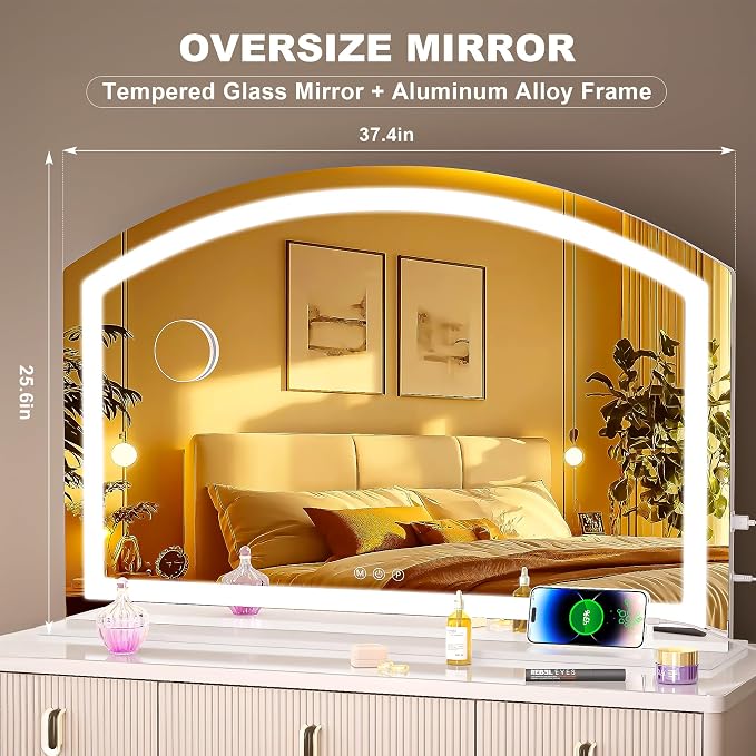 Hasipu 36” x 24" Vanity Mirror with Light, Arched Led Makeup Mirror with 10X Magnification, USB Charging Port, Dimmable 3 Colors Mode, Gifts for Women Wife Teengirls