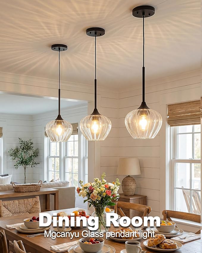 2-Pack Glass Pendant Lights Kitchen Island, 7.7" Modern Black Glass Pendant Lighting Farmhouse Hanging Light Fixtures for Kitchen, Dining Room, Bathroom, Bedroom