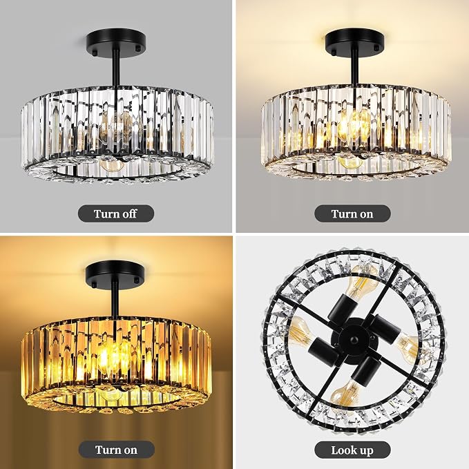 FRIDEKO HOME Semi Flush Mount Ceiling Light - Small Crystal Chandelier Hallway Black Metal Cage Modern Light Fixture for Entryway Bedroom Porch Kitchen (9-Black-4 Light-1pcs-14.56 inch)