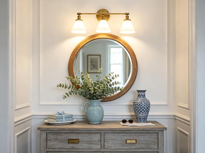 Vintage Industrial 3-Light Bathroom Vanity Light with Milk Glass lampshade – Antique Brass Wall Sconce for Over Mirror, E26 Socket, Dimmable Compatible, Hardwired Installation