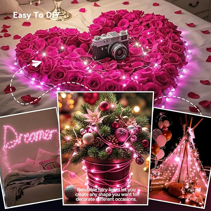 LitHome 4 Pack Pink Fairy Lights Battery Operated, Each 20 FT 60 LED | Valentines Twinkle Lights Battery Operated 2 Modes, Waterproof Fairy String Light for Gifts Bedroom Wedding Christmas Decor