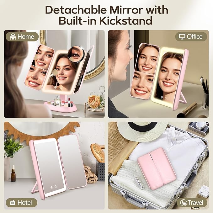 Makeup Mirror with Lights and 30X/10X/5X Magnification, Vanity Mirror with 3 Color Lights, Rechargeable, Detachable, Lighted Makeup Mirror with Magnification, Trifold Mirror, Gifts for Women