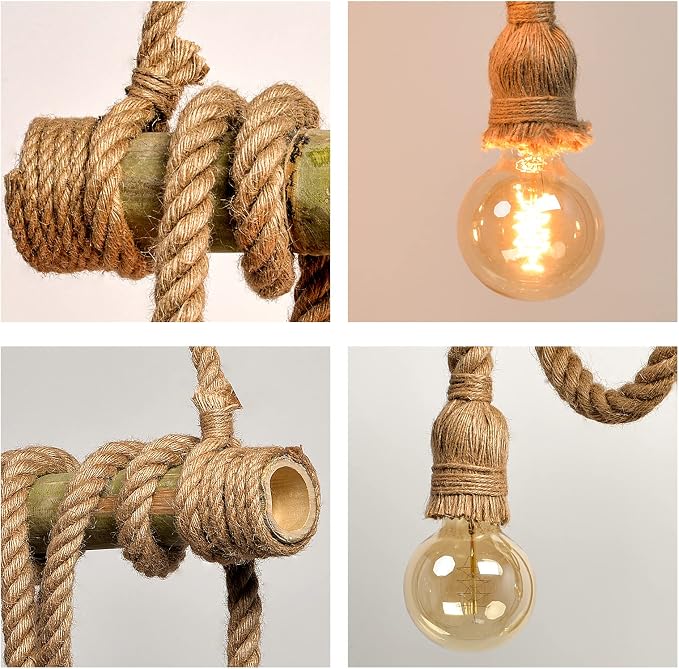 Arturesthome 4 Heads Hemp Rope Ceiling Pendant Light, Vintage Bamboo Chandeliers Decoration, Rustic Industrial Hanging Lamp for Bedroom Restaurant Cafe Bar