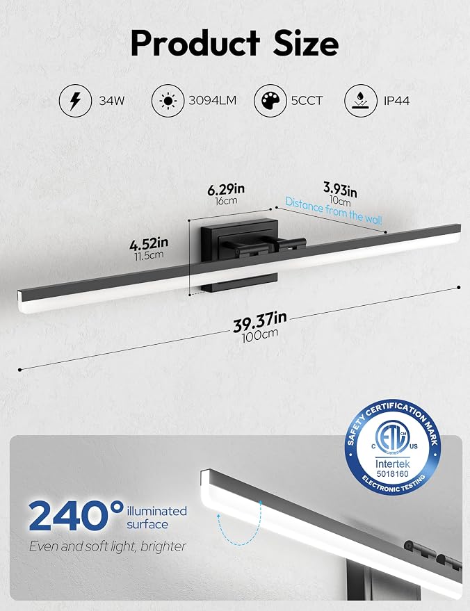 VOLISUN Modern Bathroom Vanity Light 39.4 inch, 34W Dimmable 5CCT Led Bathroom Light Fixture Over Mirror, Black Bar Vanity Light for Bathrooms Mirror Cabinets Bedroom