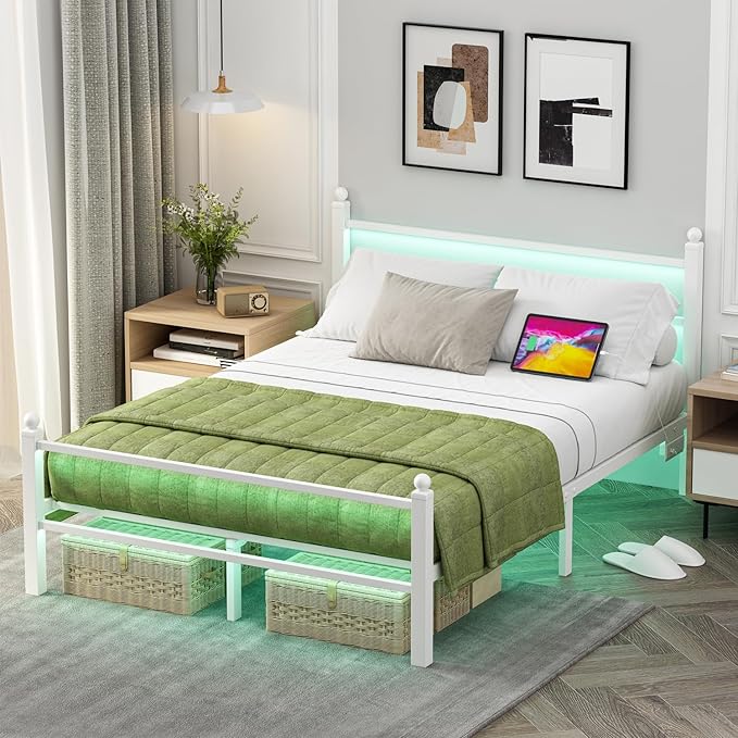Jenmit Full Size Bed Frame with Charging Station & LED Lights,Full Metal Platform Bed Frame with Headboard and Footboard, Storage Space Under Bed,No Box Spring Needed,Noise Free, Easy Assembly, White